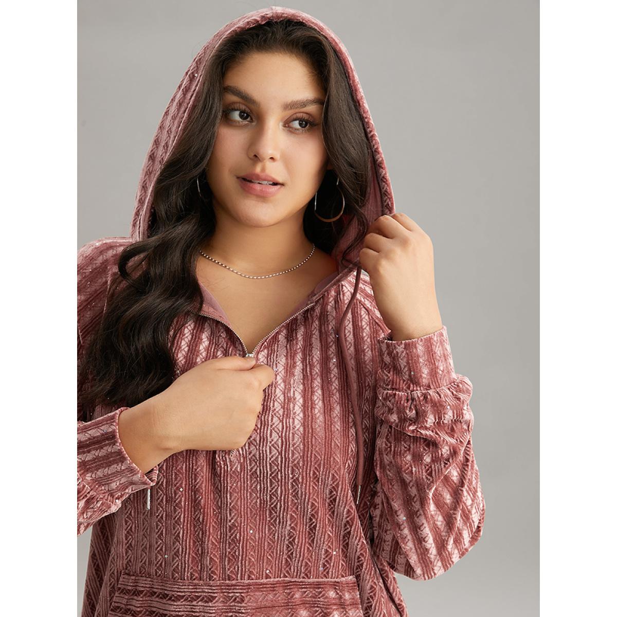 Plus Size Textured Sequin Velvet Half Zip Pocket Sweatshirt Women DustyPink Casual Velvet Hooded Everyday Sweatshirts BloomChic 10/M Product Image