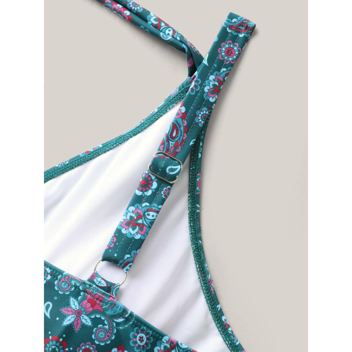 Plus Size Paisley Print Anti Float Tie One-Piece Swimsuit Women's Swimwear Teal Beach Bodycon Overlap Collar High stretch Curve Swim Dresses BloomChic 28/5X Product Image