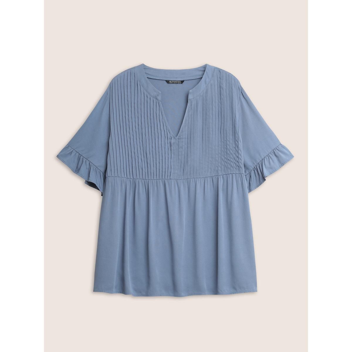 Plus Size Stone Rayon Solid Pleated Patchwork Ruffles Blouse Women Casual Half Sleeve Flat collar Everyday Blouses BloomChic 14-16/1X Product Image