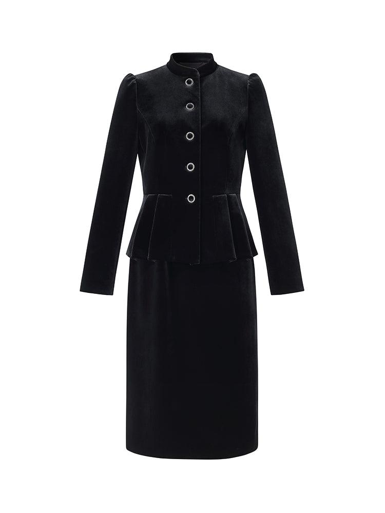 Velvet Mandarin Collar Ruffle Hem Jacket And Back Slit Skirt Two-Piece Product Image