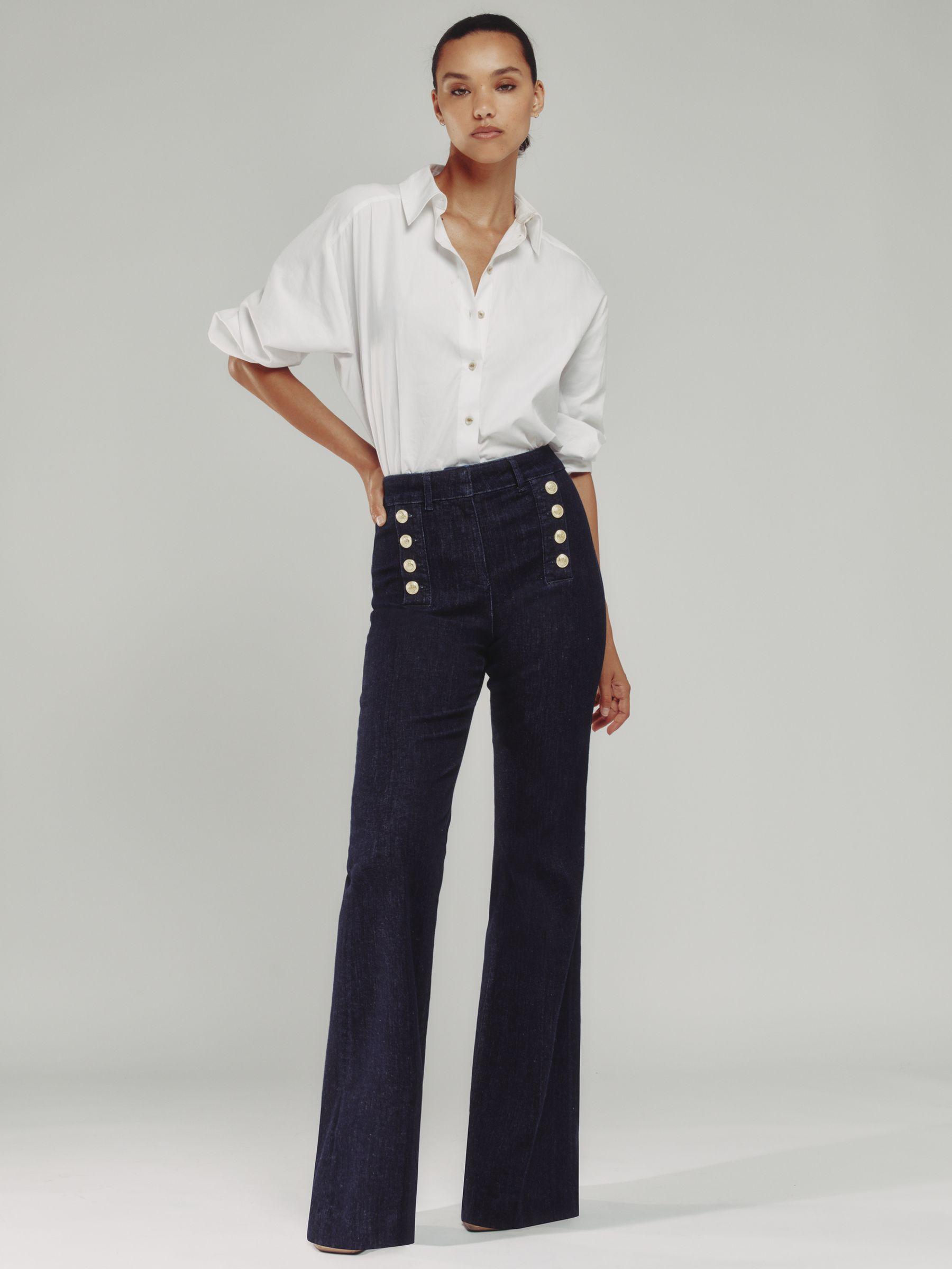 Petite Button-Detail High-Rise Flared Jeans in Dark Blue Product Image