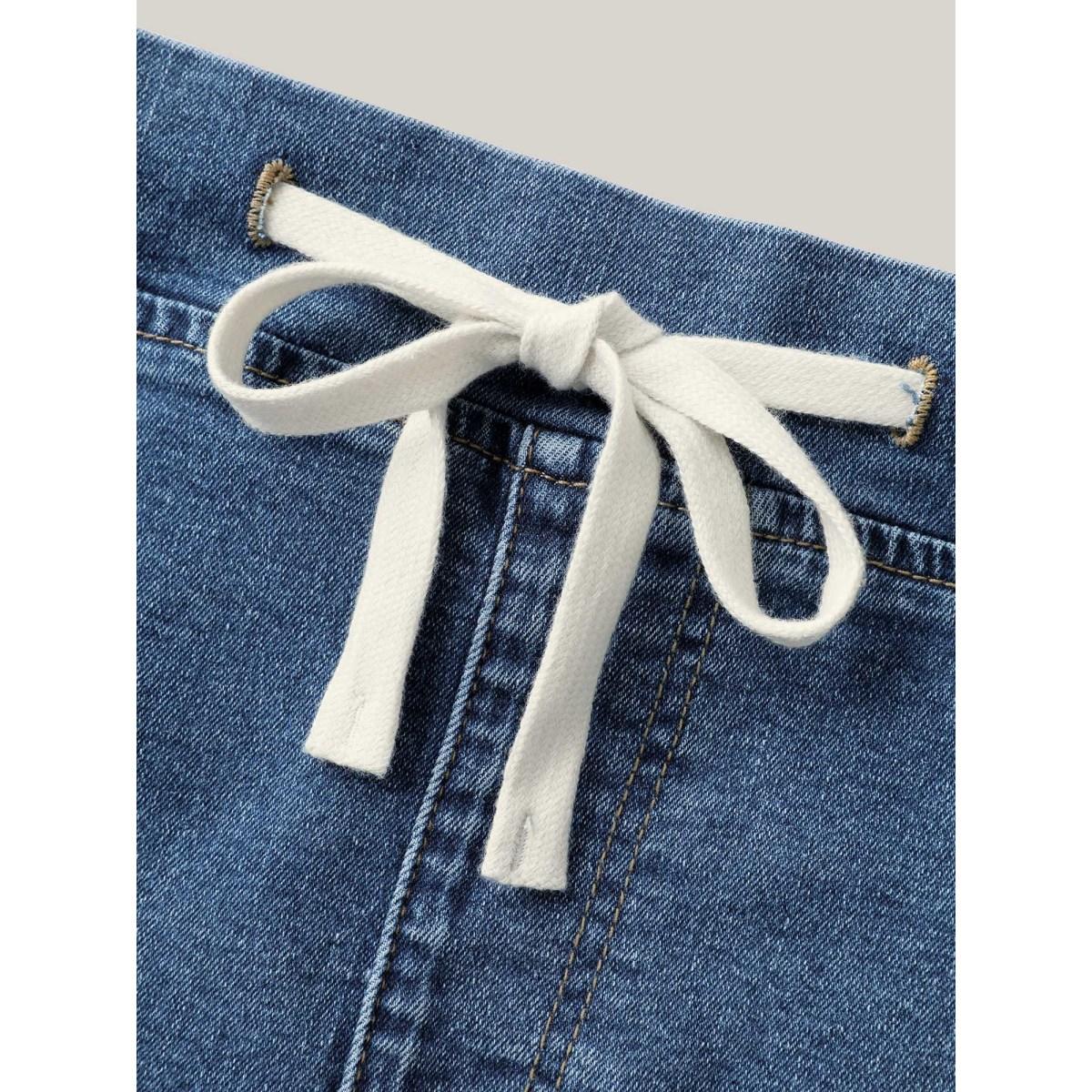 Plus Size Stretchy Waistband Pull-On Denim Skirt Women Darkindigo Everyday-Casual Medium stretch Medium Wash 24/3X Slanted pocket Casual Denim Skirts BloomChic Product Image