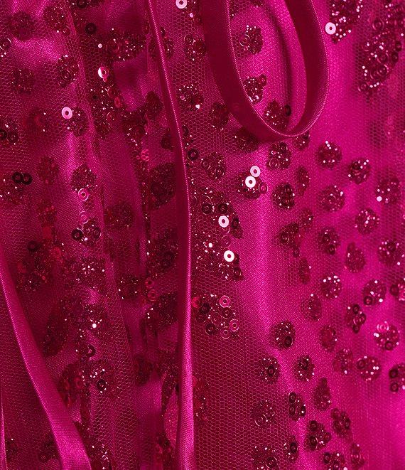 Blondie Nites Glitter Mesh Twist Front Cut Out Spaghetti Strap Tie Back Gown Product Image