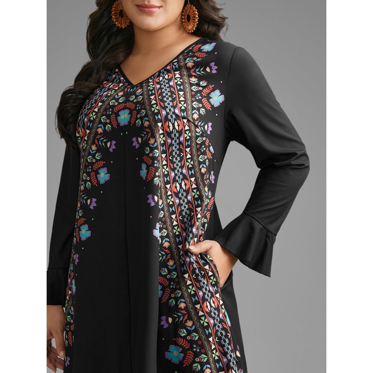 Plus Size Boho Print Ruffle Sleeve Midi Dress Black Women Resort Ruffles V-neck Long Sleeve Curvy BloomChic 18-20/2X Product Image