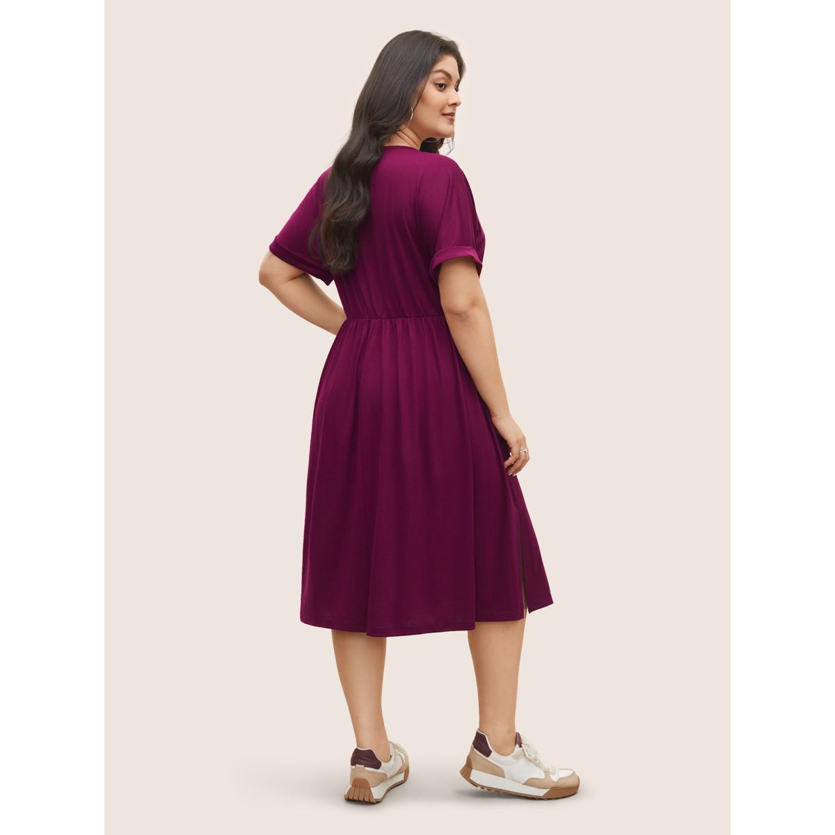Plus Size Supersoft Essentials Solid Pocket Cuffed Sleeve Dress RedViolet Women Basics Non Round Neck Short sleeve Curvy Midi Dress BloomChic 22-24/3X Product Image