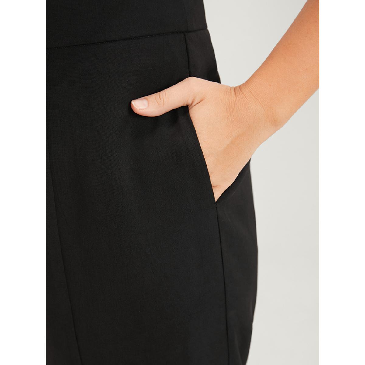 Plus Size Solid Pocket Elastic Waist Front Split Hem Pants Women Black Elegant Mid Rise Dailywear Pants BloomChic 12/L Product Image