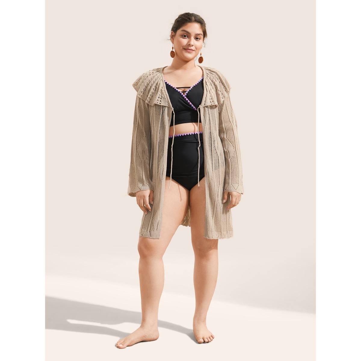 Plus Size Plain Texture Patchwork Cut Out Ties Swim Cover Up Women's Swimwear Apricot Beach Tie knot Curve Swim Cover Ups BloomChic 18-20/2X Product Image