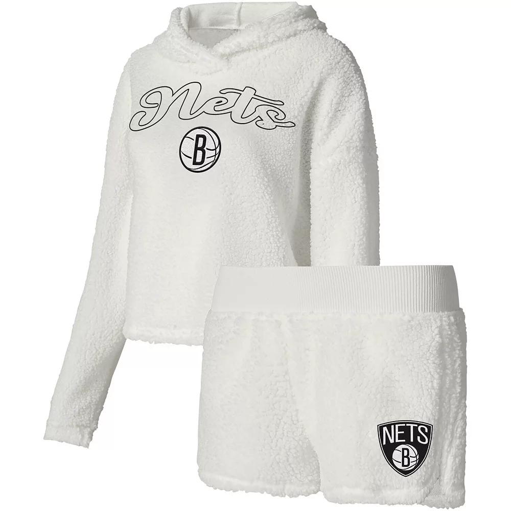 Women's College Concepts Cream Brooklyn Nets Fluffy Long Sleeve Hoodie T-Shirt & Shorts Sleep Set,  Product Image