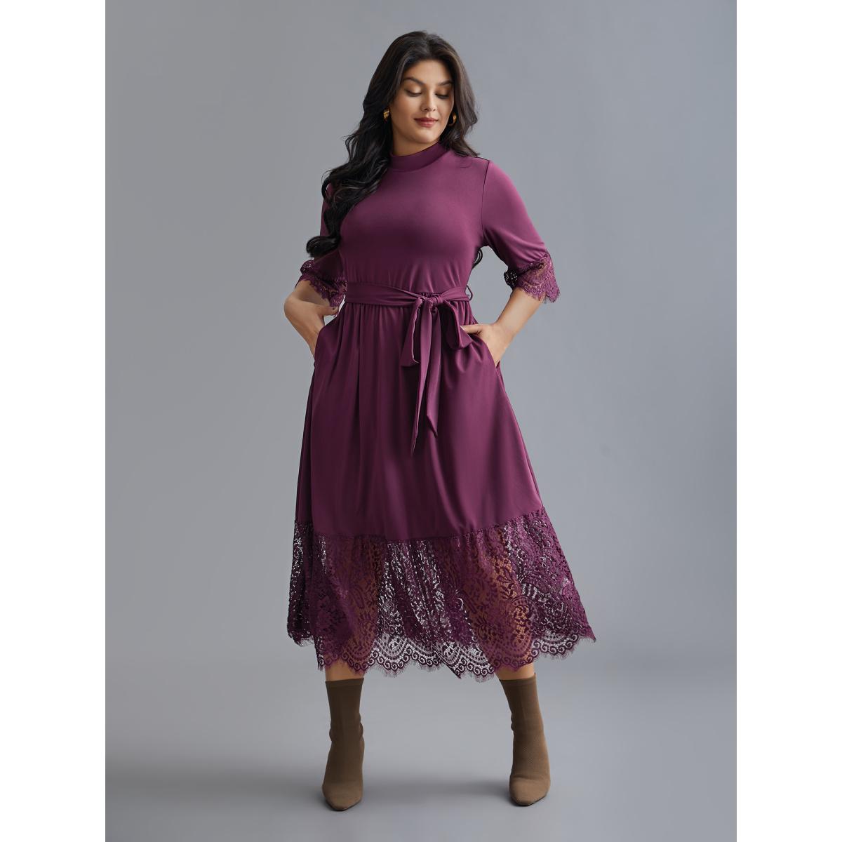 Plus Size Mock Neck Crochet Lace Belted Dress Deeppurplered Women Elegant Woven ribbon&lace trim Knit Dresses Bloomchic 30/6X Product Image