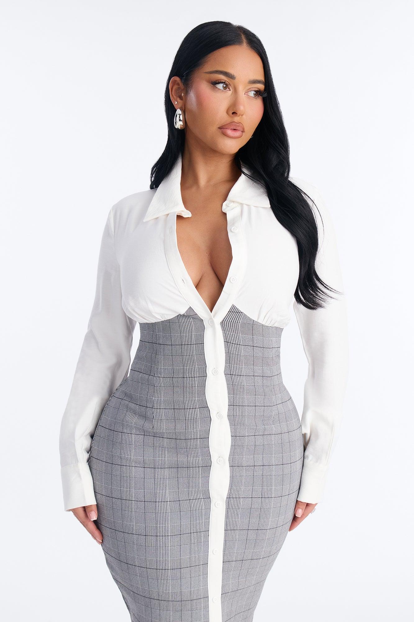 Yasmin Plaid Shirt Midi Dress - Grey/combo Female Product Image