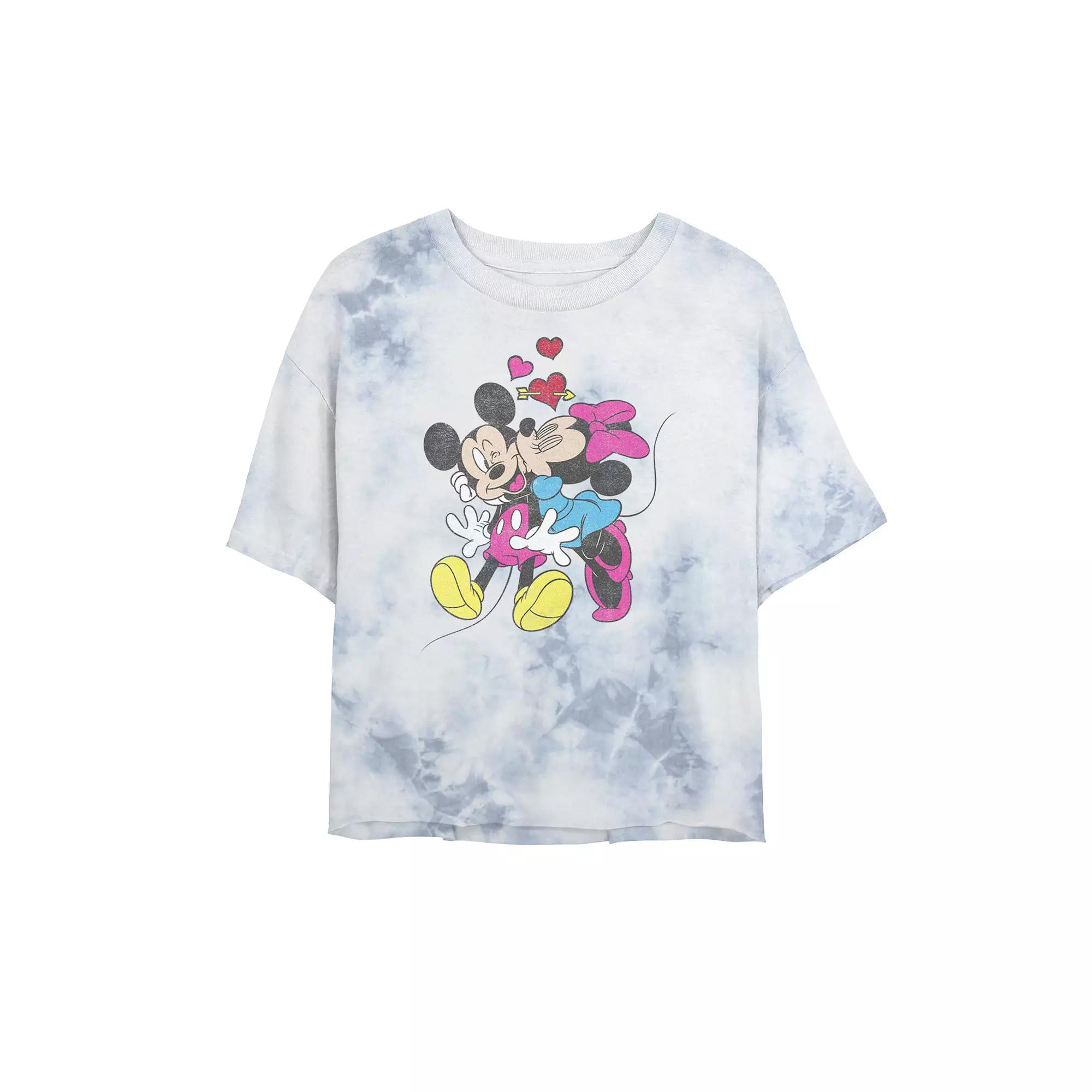 Juniors' Disney Mickey & Friends Valentine Couple Bombard Wash Crop Graphic Tee, Women's, Size: XL, White Blue Product Image