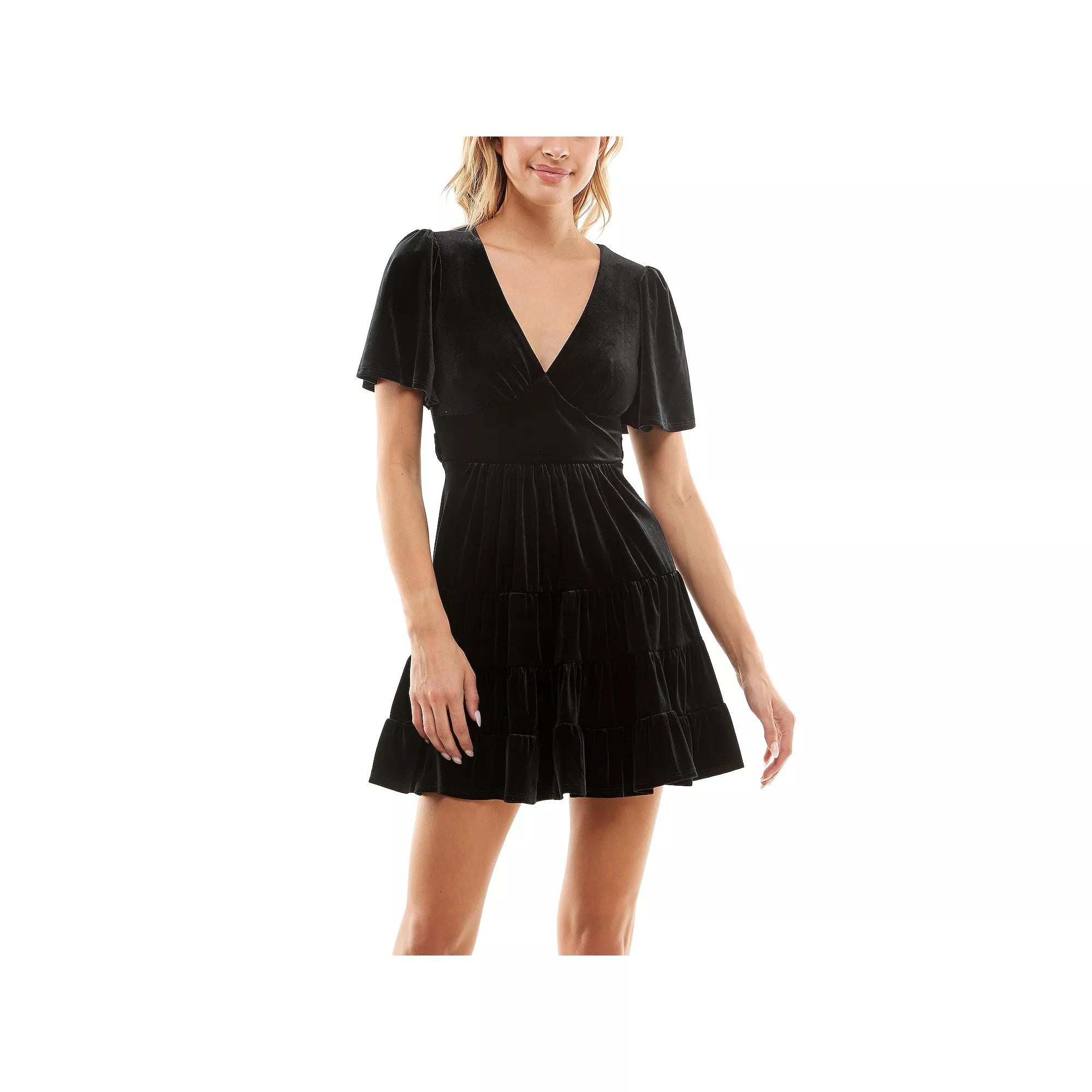 Juniors' B. Smart Ruffled Velvet Fit & Flare Dress, Women's, Size: 0, Black Product Image