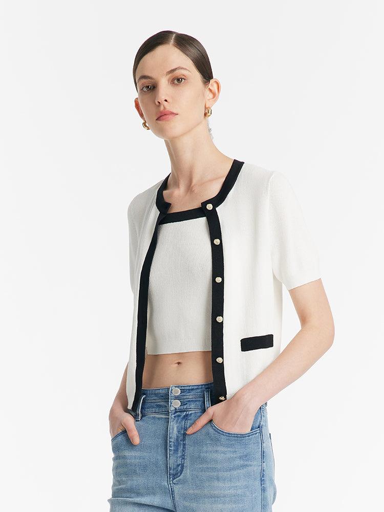 Contrast Trim Knitted Cardigan And Camisole Two-Piece Set Product Image
