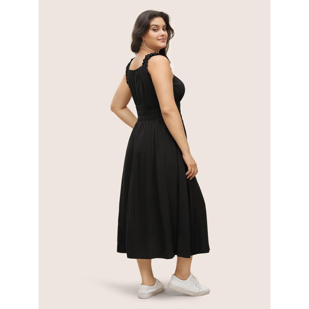 Plus Size Plain Gathered Elastic Waist Ruffle Trim Dress Black Women Casual Gathered Non Sleeveless Curvy BloomChic 28/5X Product Image