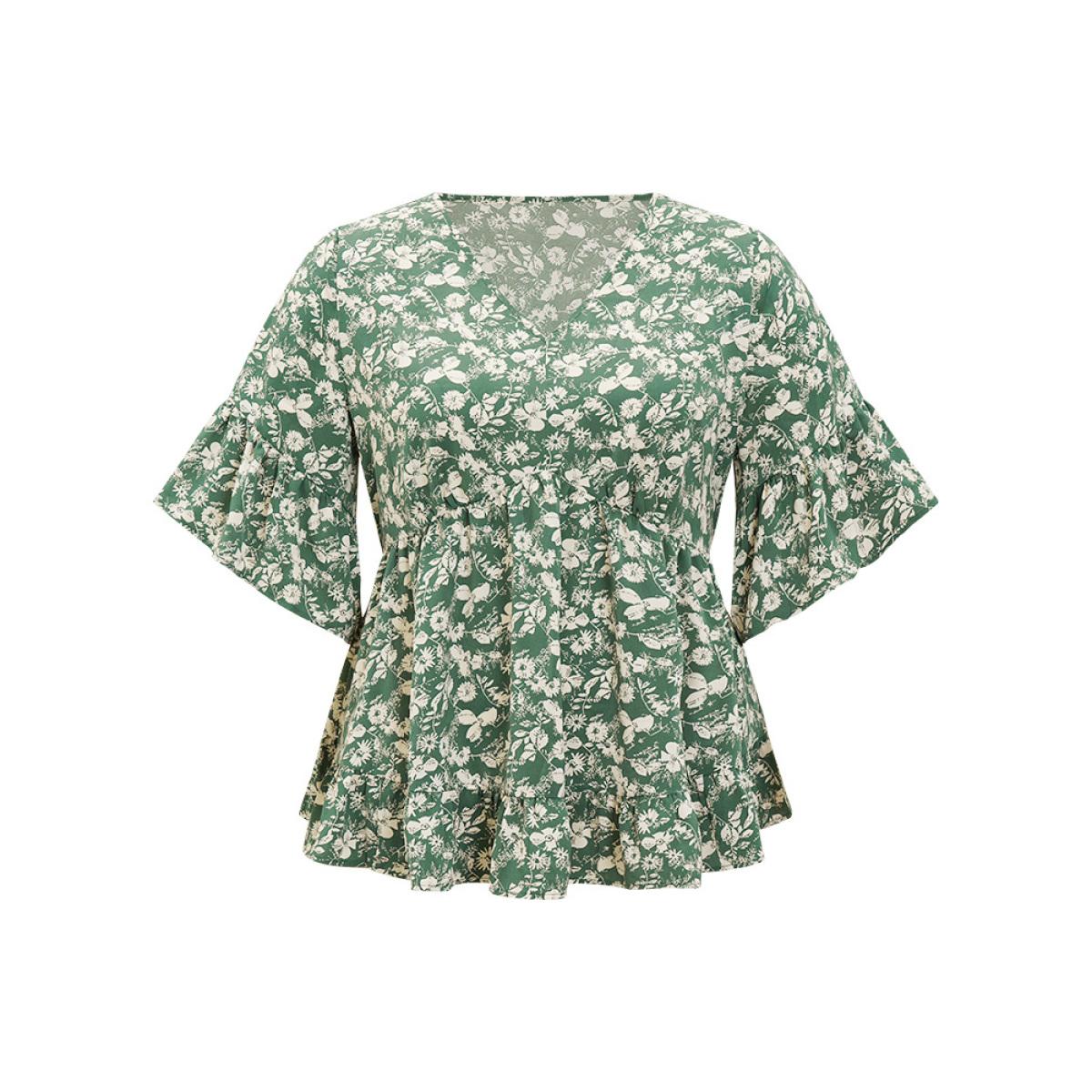 Plus Size Moss Ditsy Floral Bell Sleeve Flutter Hem Blouse Women Elegant Short sleeve V-neck Dailywear Blouses BloomChic 10/M Product Image