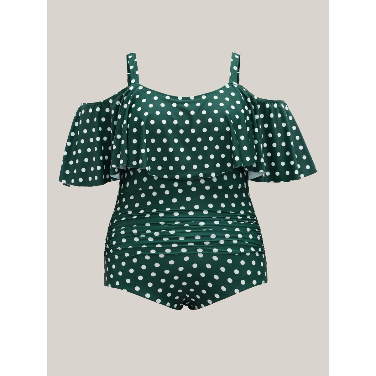 Plus Size Cold-Shoulder Polka Dot Ruffle One-Piece Swimsuit Women's Swimwear DarkGreen Beach Gathered Curve Bathing Suits High stretch One Pieces BloomChic 12/L Product Image