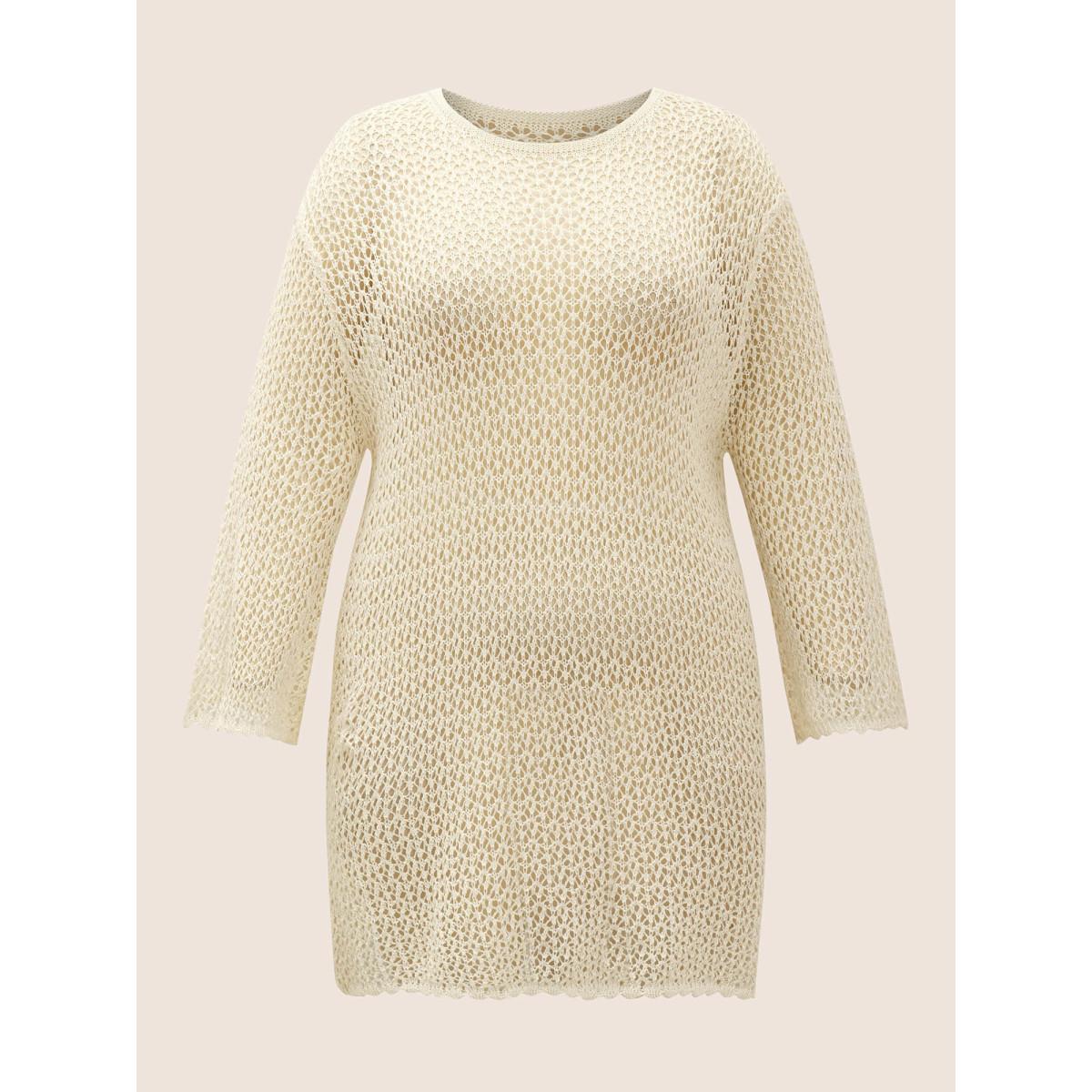 Plus Size Plain Textur Pointelle Knit Bell Sleeve Swim Cover Up Women's Swimwear Ivory Beach Cut-Out Curve Swim Cover Ups BloomChic 18-20/2X Product Image