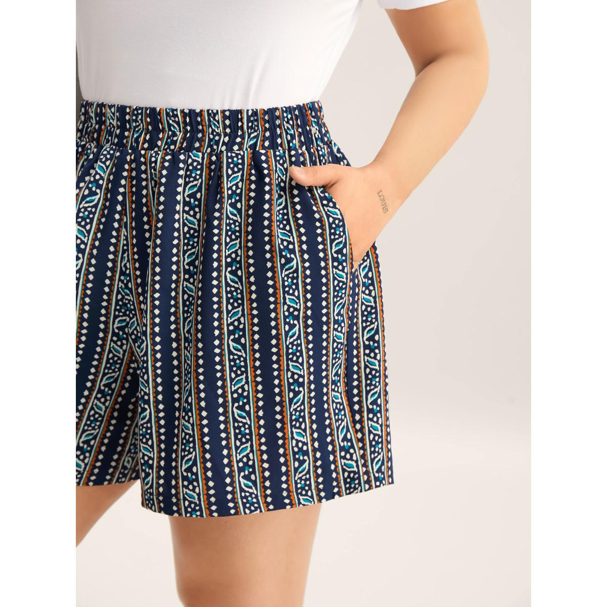 Plus Size Boho Stripes Pockets Straight-Leg Shorts Women Indigo Resort Straight Leg Vacation Shorts BloomChic 26/4X Product Image