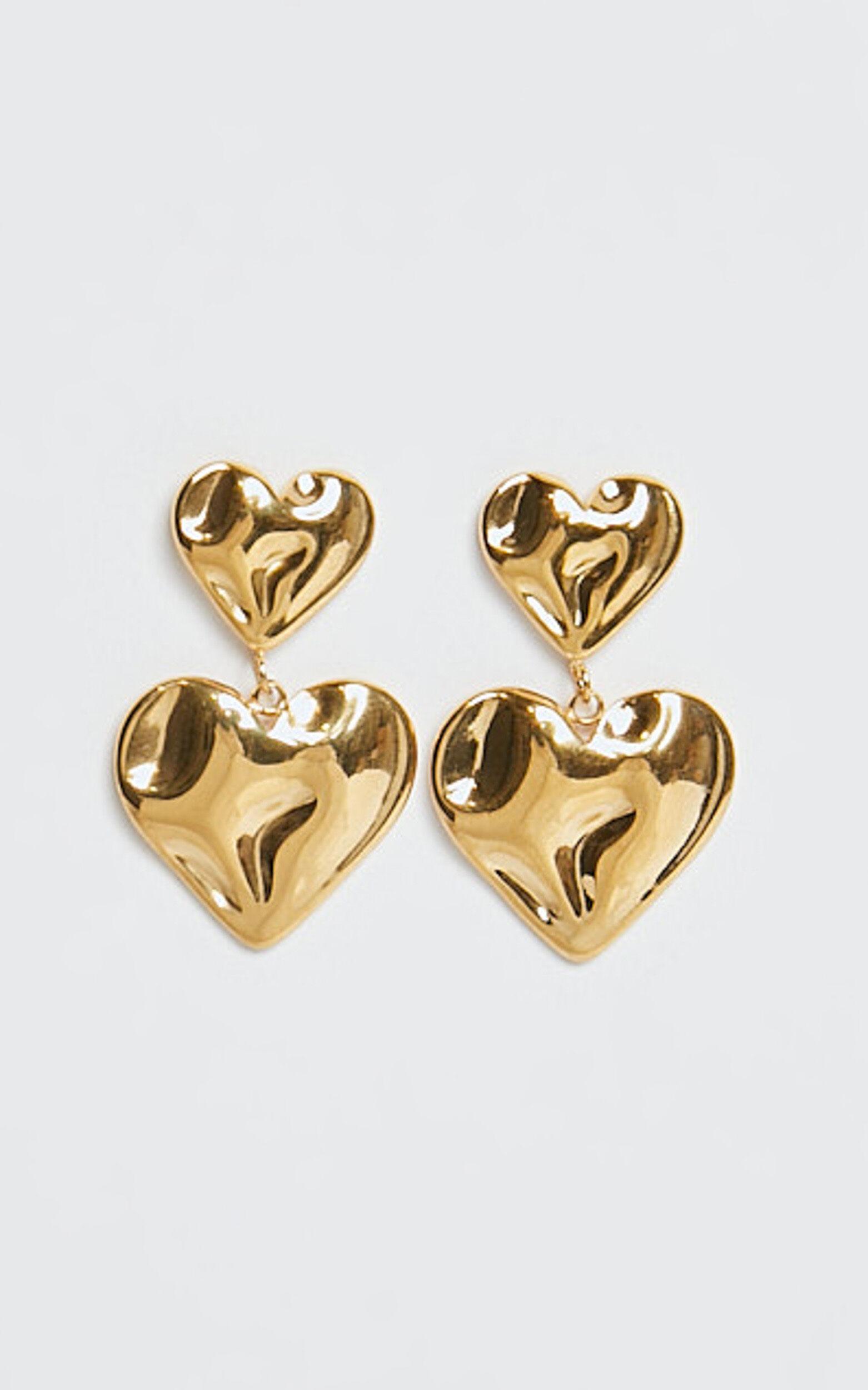 Khrizza Earrings - Distressed Double Heart Drop Earrings in Gold Product Image