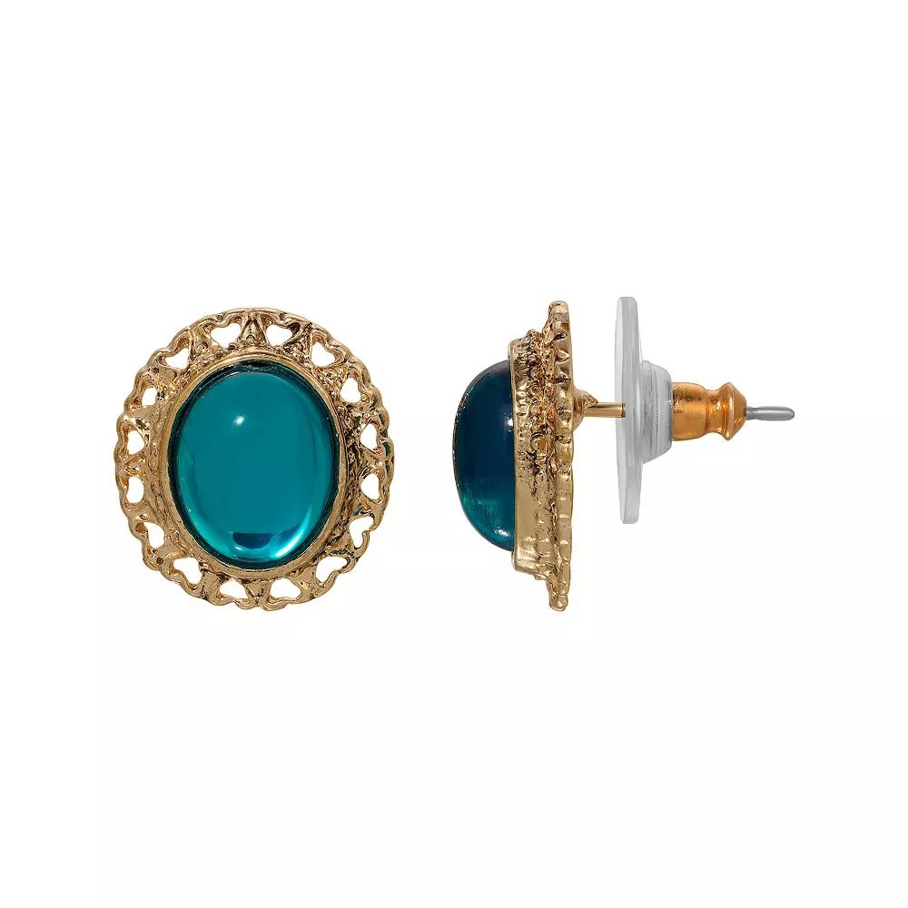 1928 Gold Tone Decal Oval Button Stud Earrings, Women's, Blue Product Image