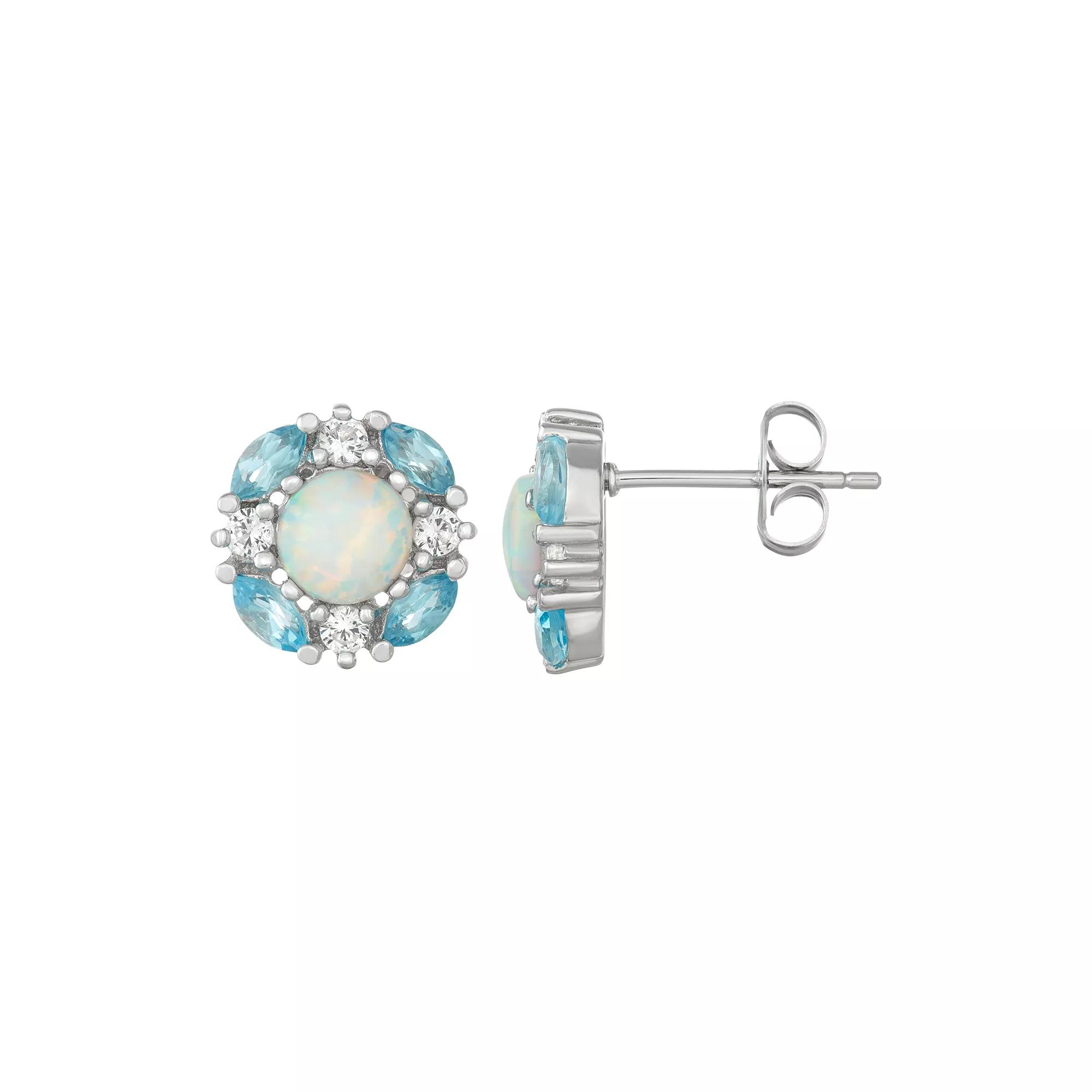 Sterling Silver Blue Topaz, Lab-Created Opal & White Sapphire Cluster Stud Earrings, Women's Product Image