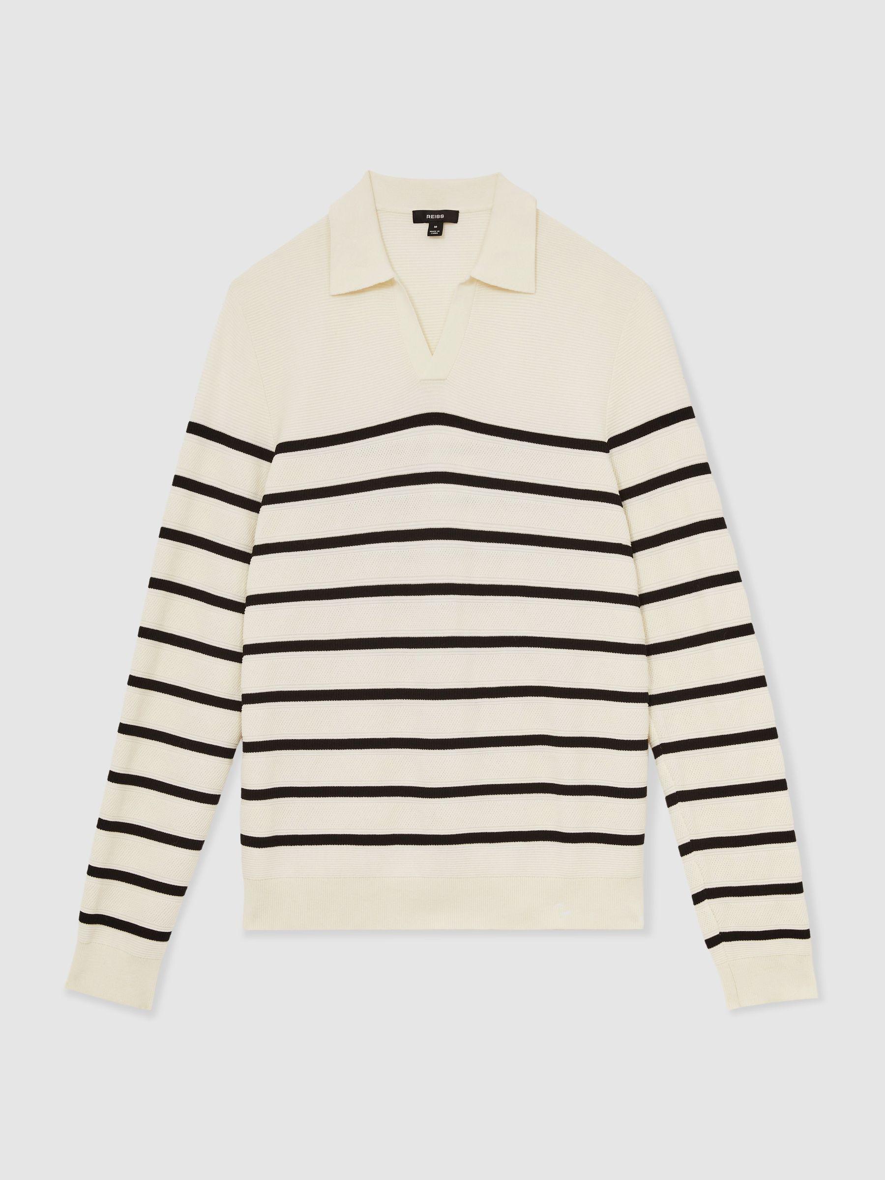 Cotton Blend Stripe Knit Polo Shirt in Warm Stone/Black Product Image