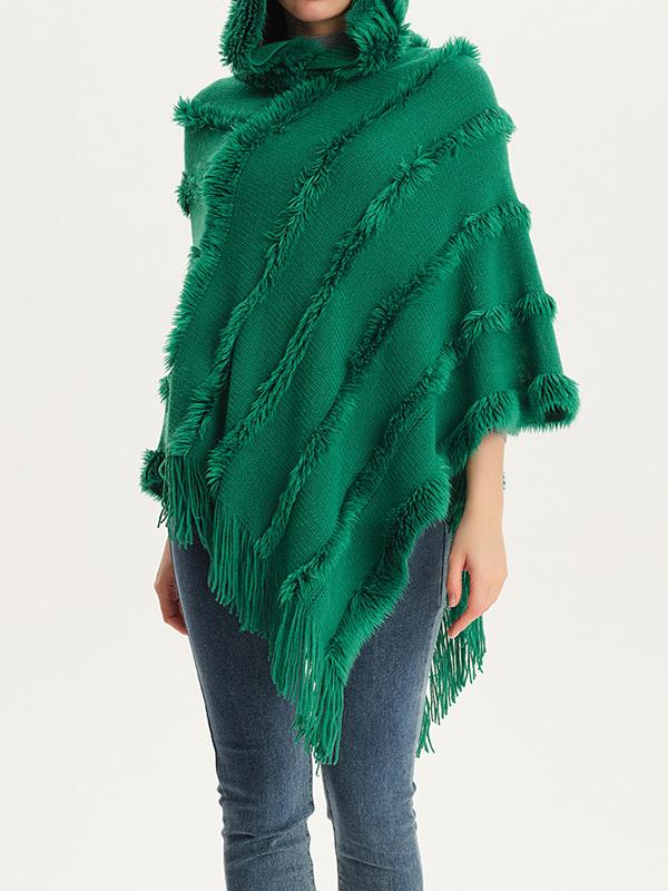 Hooded Keep Warm Solid Color Tasseled Cape Shawl&Cloak Product Image