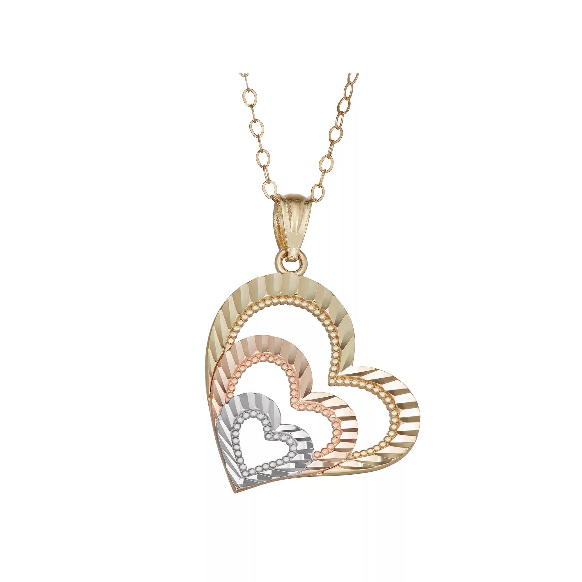 Tri Tone 10K Gold Multi Heart Pendant, Women's, Size: 18" Product Image