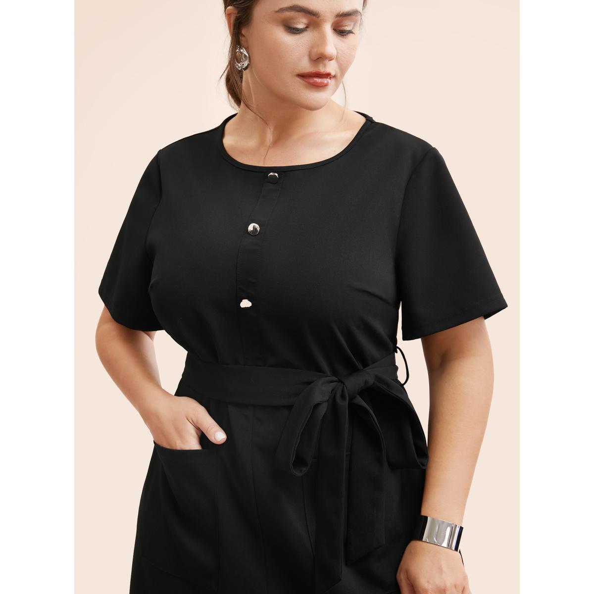 Plus Size Crew Neck Metal Button Detail Belted Dress Black Women At the Office Belted Round Neck Short sleeve Curvy BloomChic 30/6X Product Image
