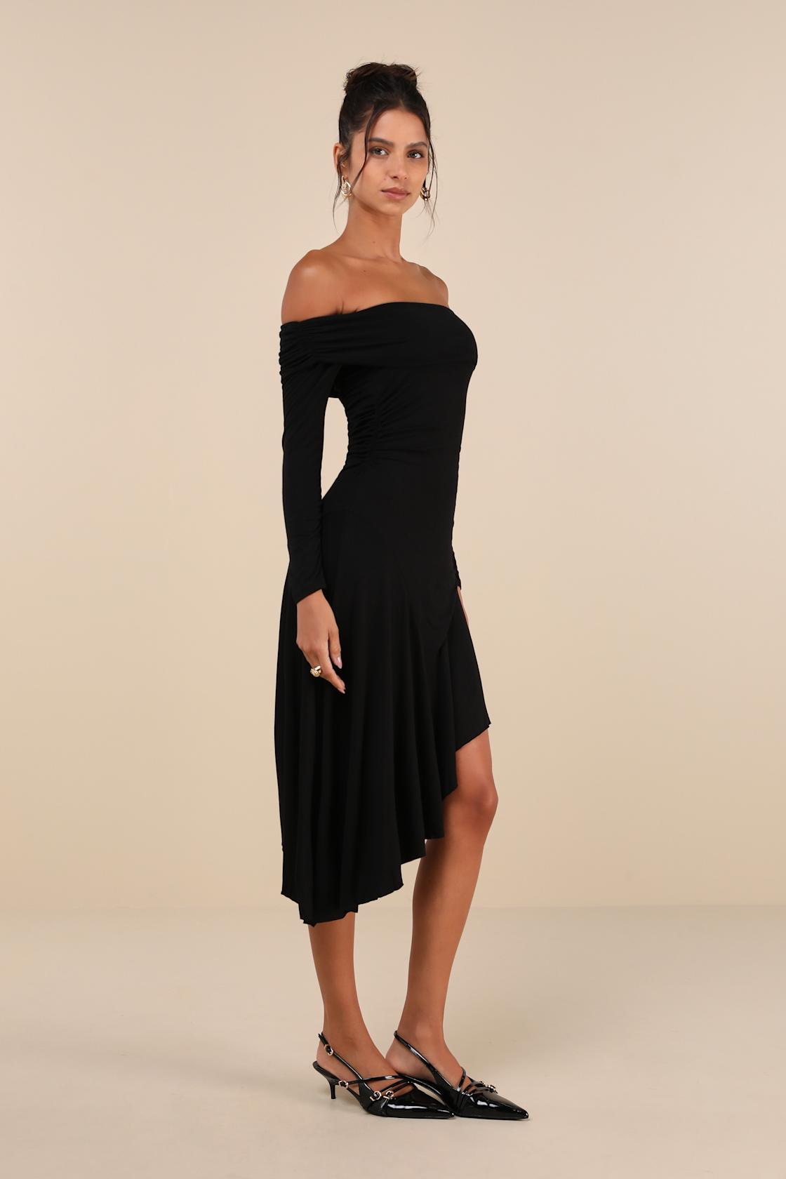 Classy Aura Black Off-the-Shoulder Asymmetrical Midi Dress Product Image