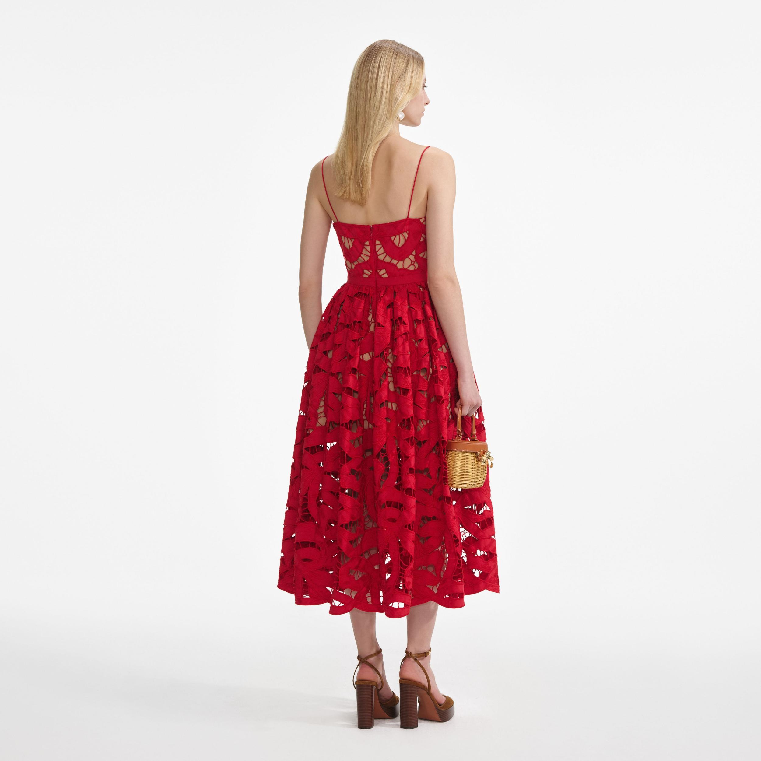 Red Bow Embroidered Midi Dress Product Image