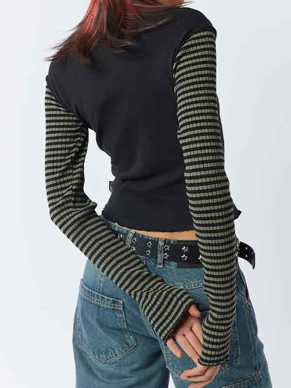 Stripe Star Print Patchwork Slim Long Sleeve Tee Product Image