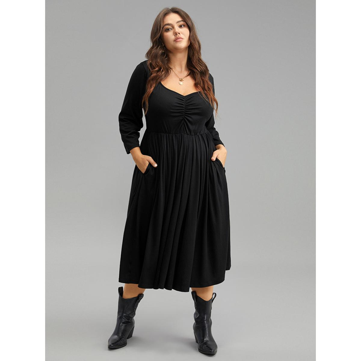 Plus Size Supersoft Essentials Square Neck Ruched Dress Black Women Casual Gathered Square Neck Elbow-length sleeve Curvy Midi Dress BloomChic 12/L Product Image