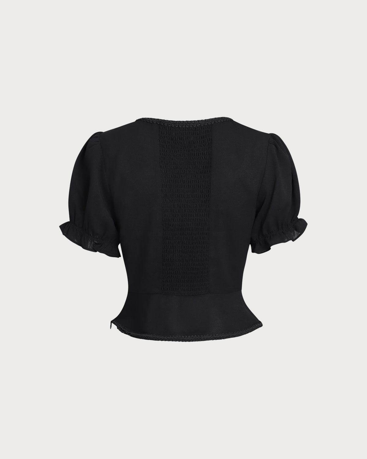 Black Square Neck Shirred Button Blouse Product Image