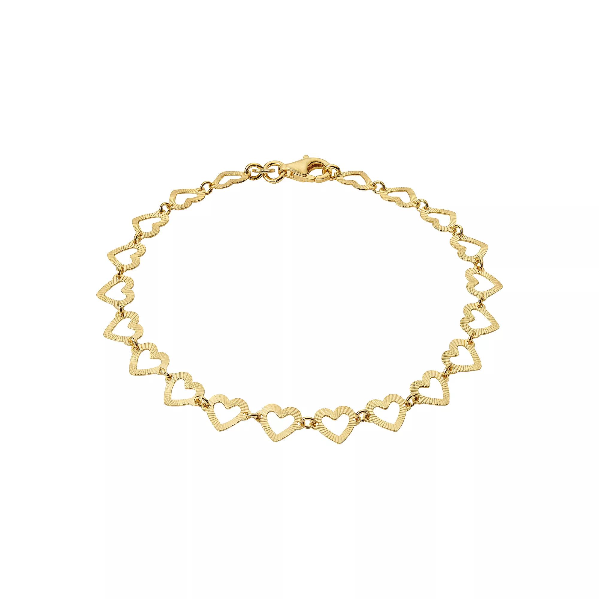 Primavera Gold Over Sterling Silver Textured Heart Linked Chain Bracelet, Womens Gold Tone Product Image
