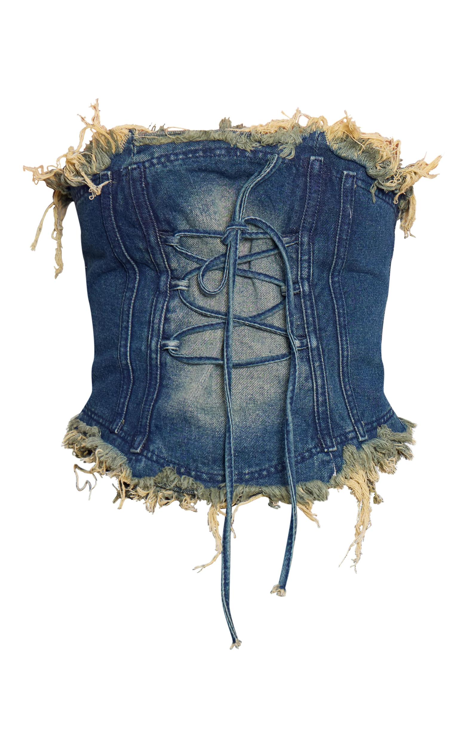 Vintage Blue Extreme Raw Edge Lace Up Denim Corset Product Image