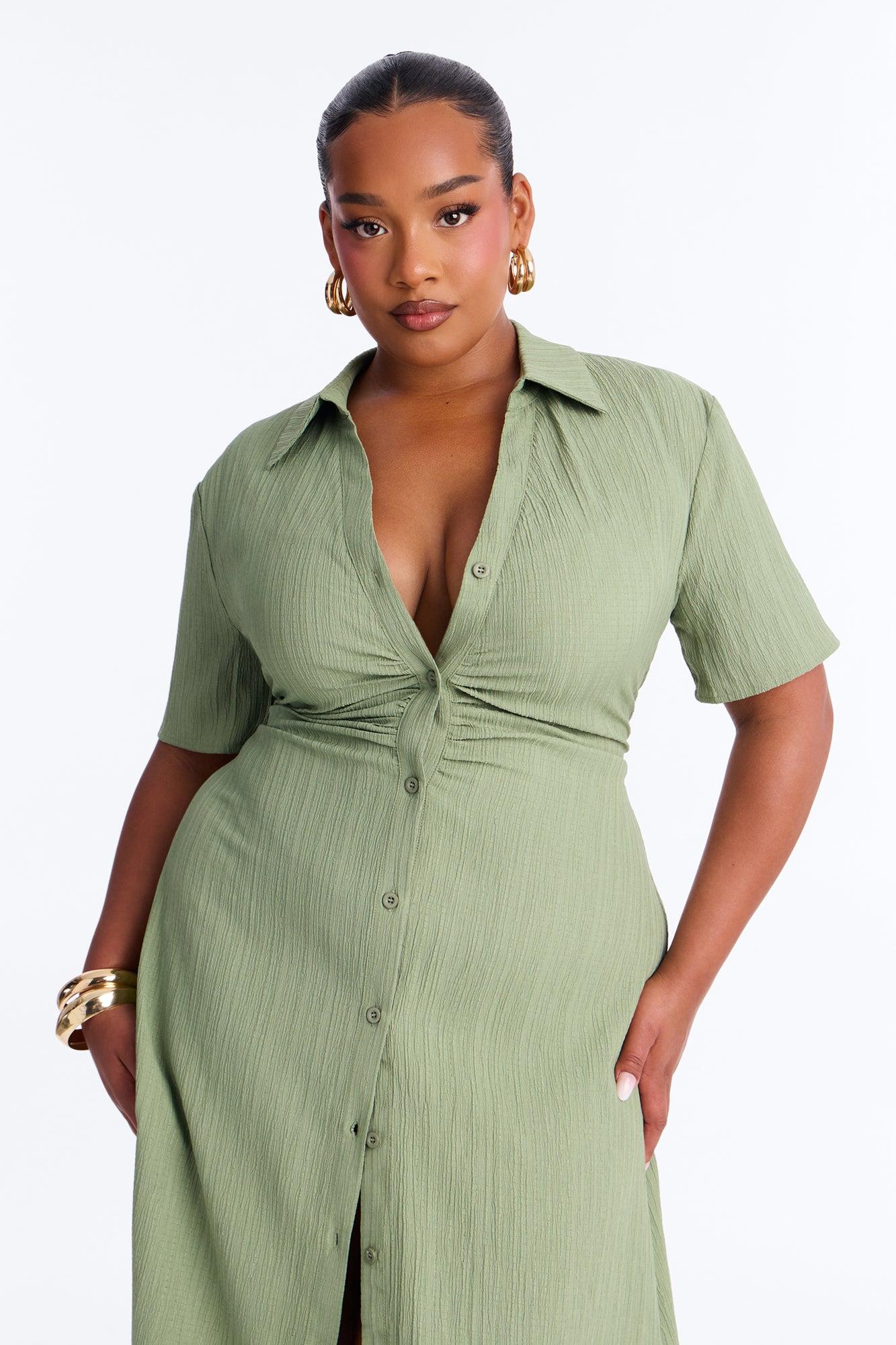 Carmen Ruched Shirt Midi Dress - Olive Female Product Image
