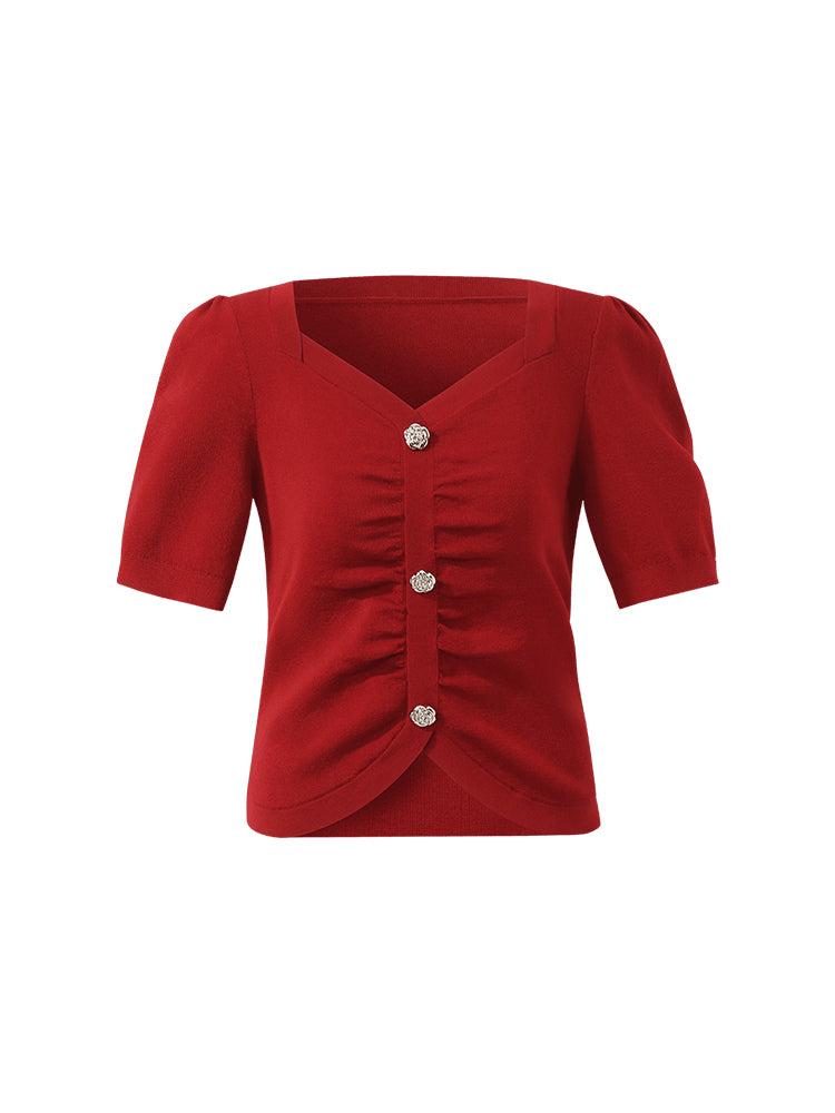 Tencel-Silk Blend Ruched Women Knit Top With Rose Shaped Button Product Image