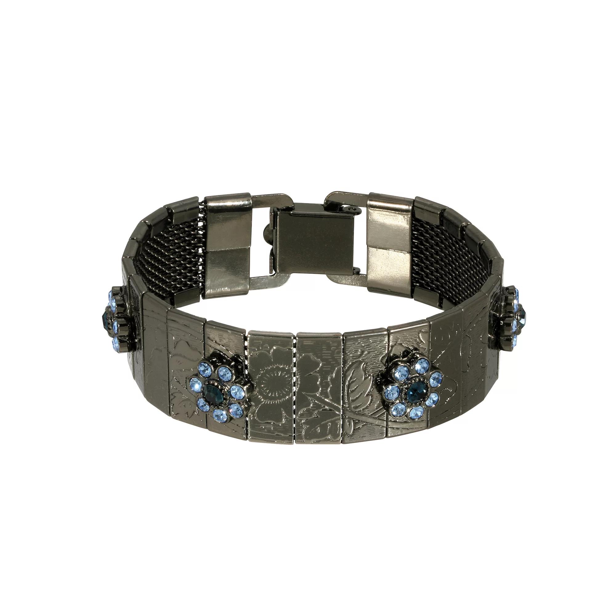 1928 Jet Tone & Blue Flower Bracelet, Womens Product Image