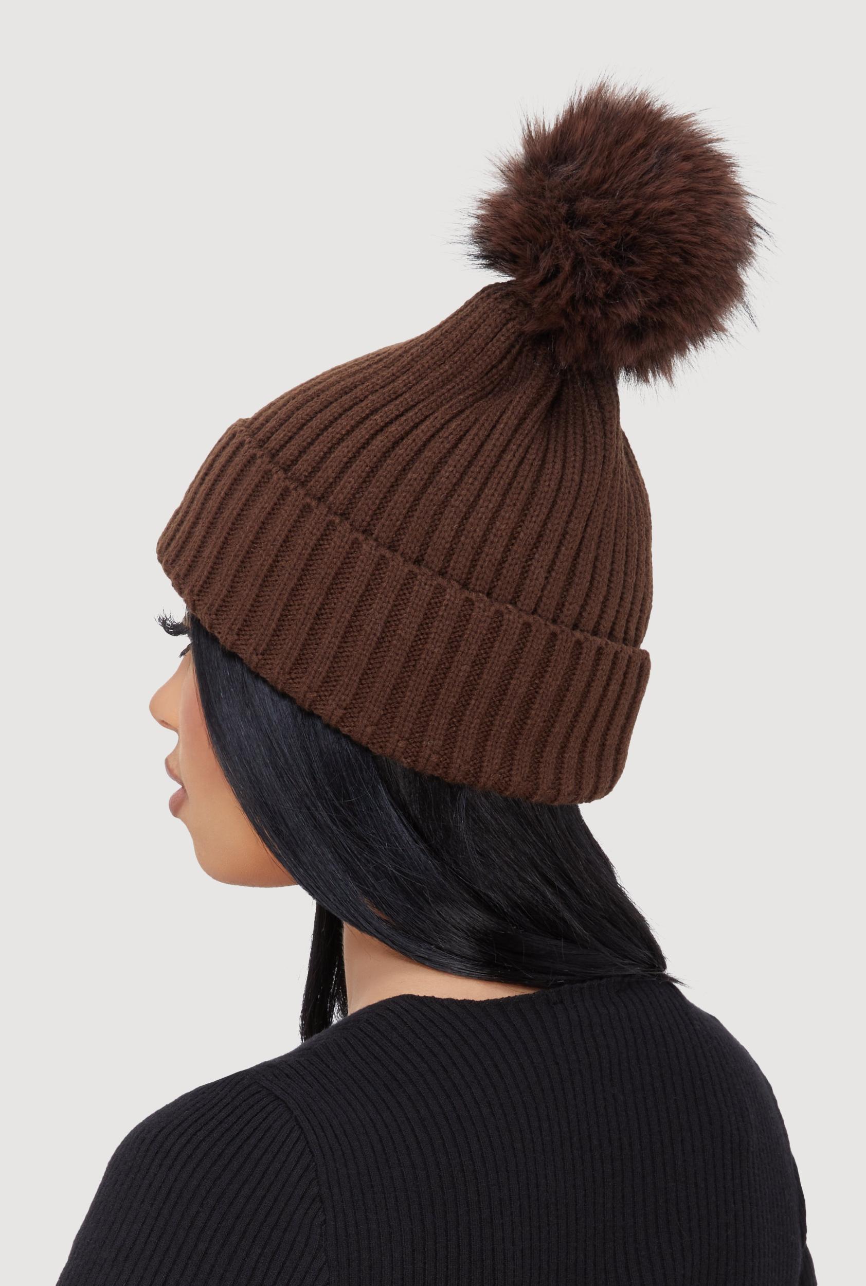 Trendy Faux Fur Pom Pom Detail Ribbed Knit Beanie Female Product Image