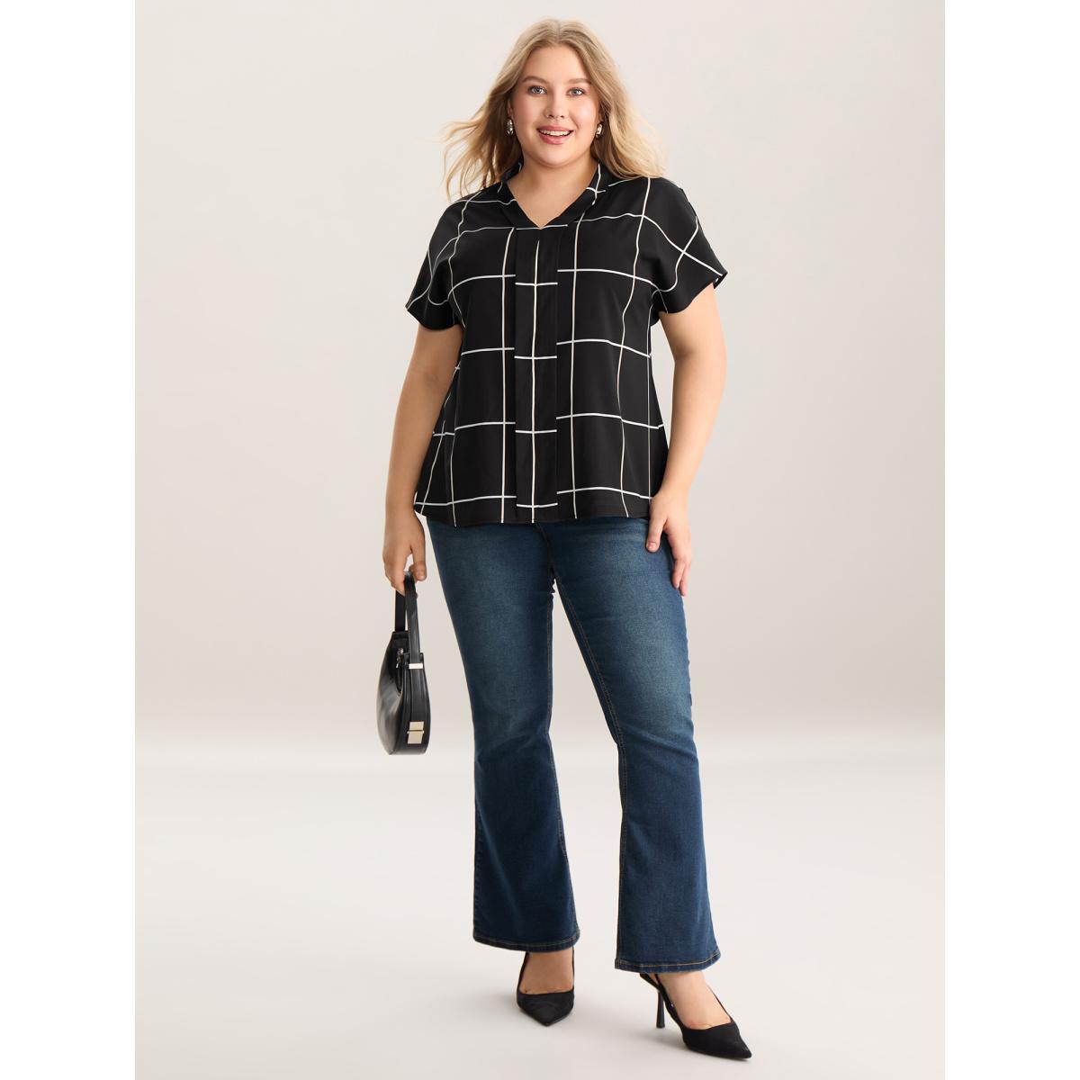 Plus Size Black Plaid Pattern Woven Placket Blouse Women Short sleeve V-neck Work Blouses BloomChic 28/5X Product Image