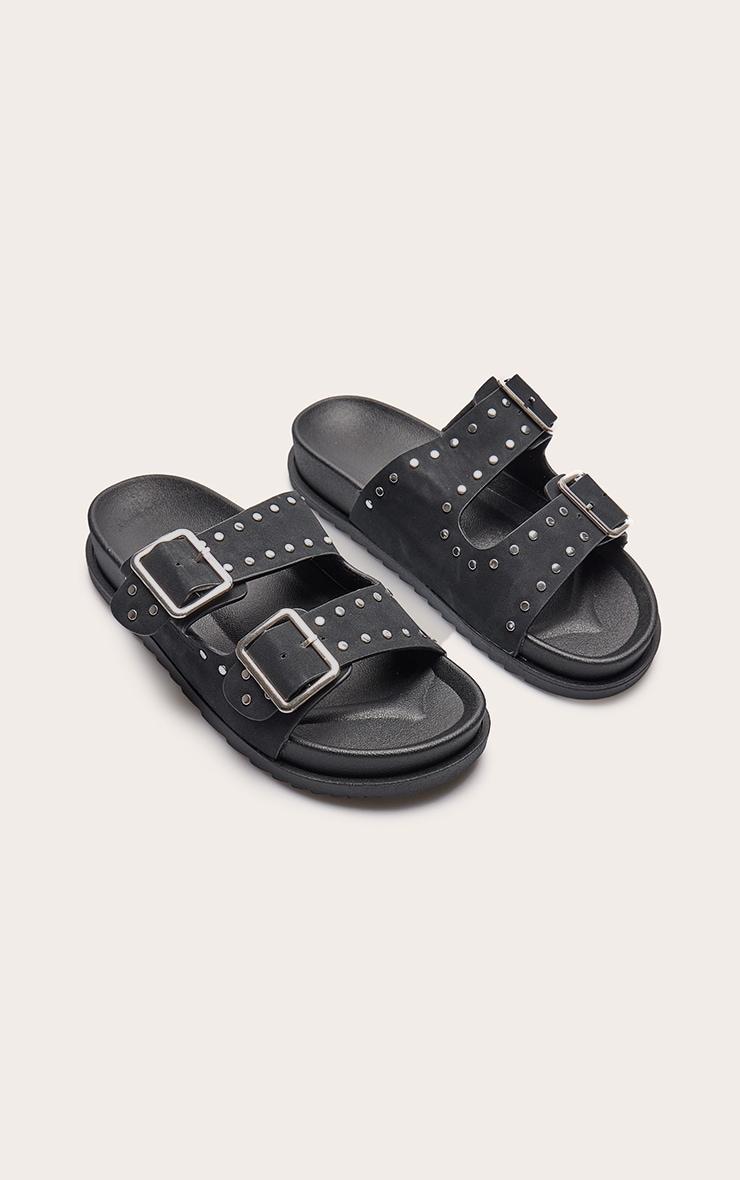 Black Double Buckle Faux Suede Flatbed Sandals Product Image