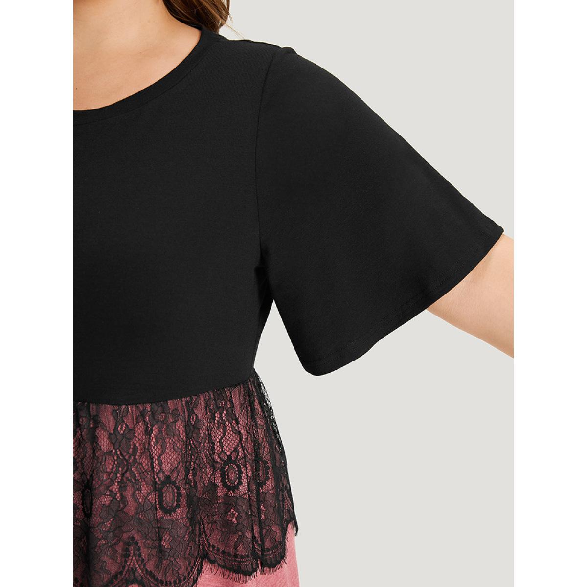 Plus Size Supersoft Essentials Colorblock Contrast Guipure Lace Flutter Sleeve Dress Rouge Women Casual Contrast Round Neck Short sleeve Curvy Midi Dress BloomChic 22-24/3X Product Image