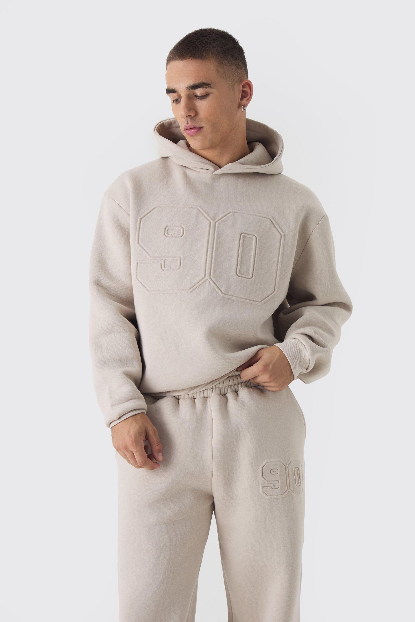 Oversized Boxy Varsity Embossed Hoodie Tracksuit | boohooMAN USA Product Image