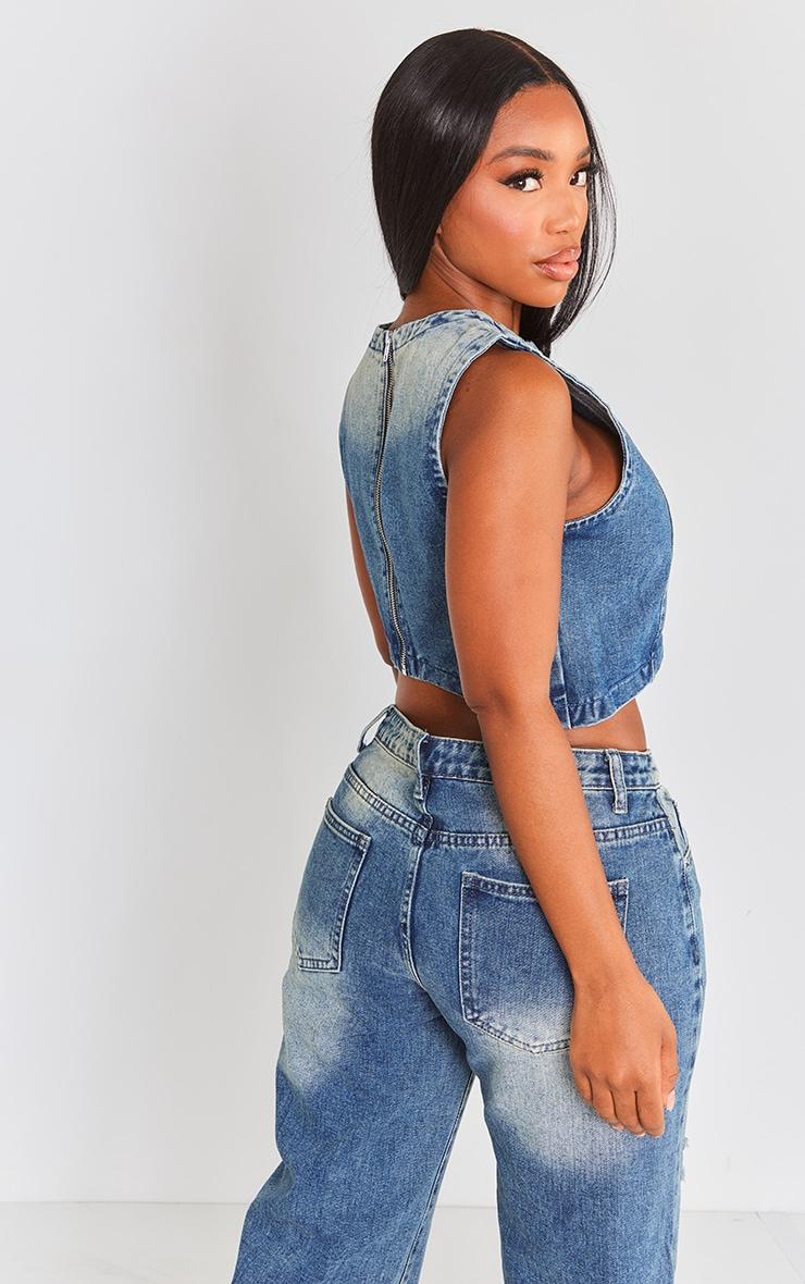 Shape Mid Blue Acid Wash Denim Washed Asymmetric Crop Top Product Image