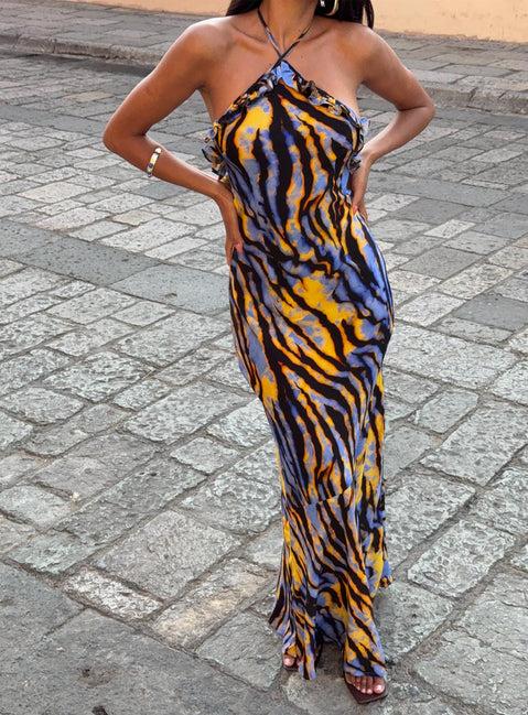 Virginia Beach Backless Maxi Dress Blue Zebra Product Image