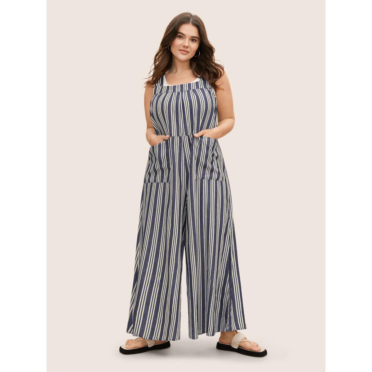 Plus Size DarkBlue Cotton Striped Patched Pocket Loose Jumpsuit Women Casual Sleeveless Non Everyday Loose Jumpsuits BloomChic 18-20/2X Product Image