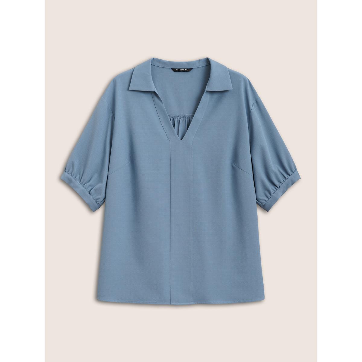 Plus Size Stone Plain Lapel Collar Gathered Puff Sleeve Blouse Women Work From Home Half Sleeve V-neck Work Blouses BloomChic 26/4X Product Image