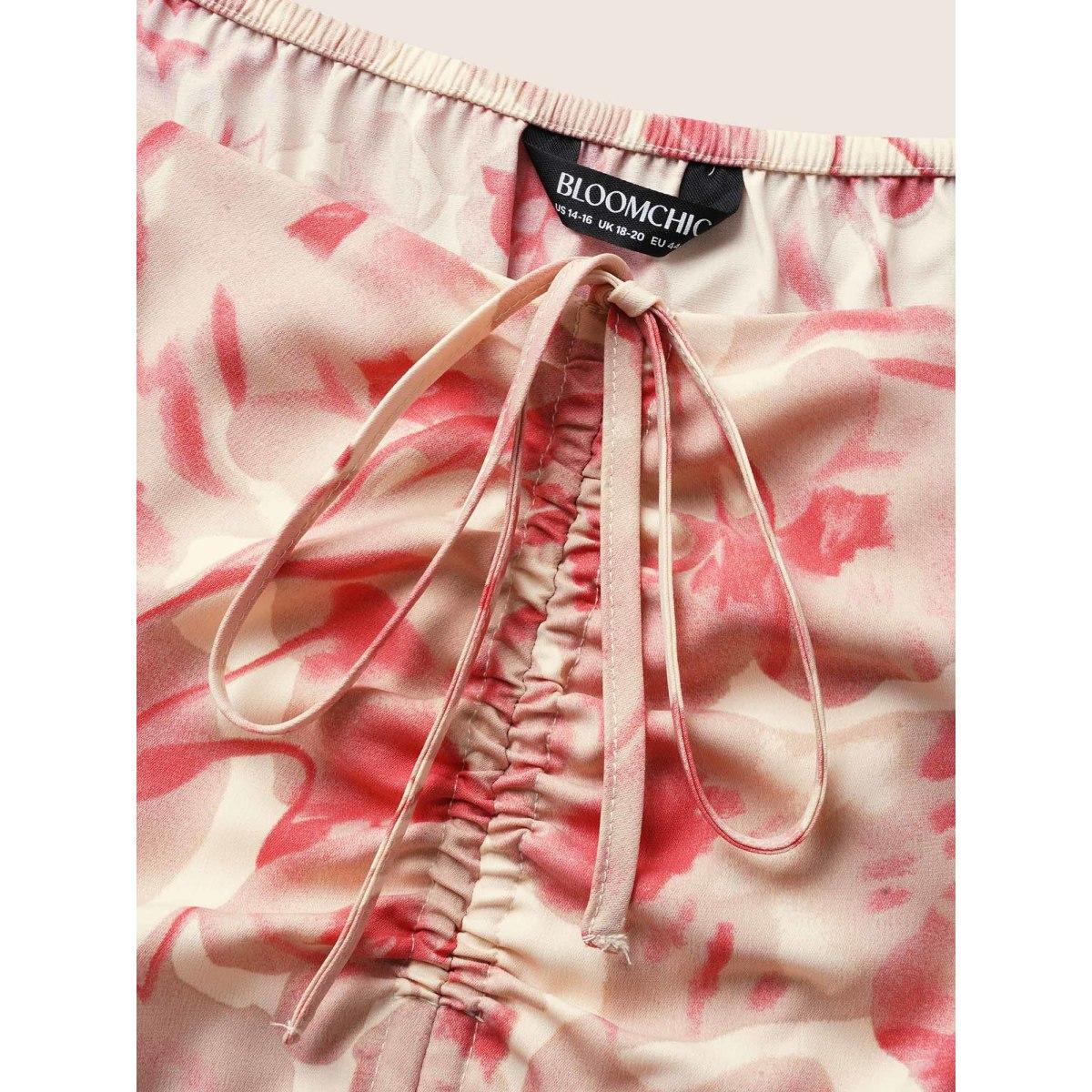 Plus Size Floral Drawstring Tie Knot Puff Sleeve Midi Dress Blush Women Elegant Gathered Square Neck Short sleeve Curvy BloomChic 30/6X Product Image