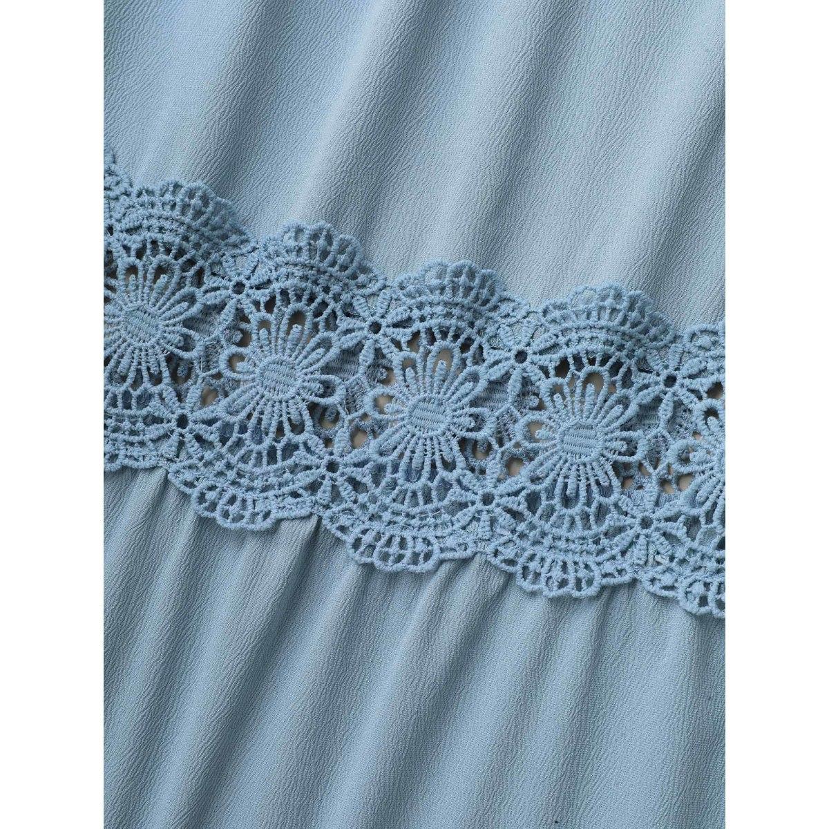 Plus Size Shirred Stretchy Waist Lace Trim Midi Dress Skyblue Women Elegant Woven ribbon&lace trim Square Neck Sleeveless Curvy BloomChic 18-20/2X Product Image